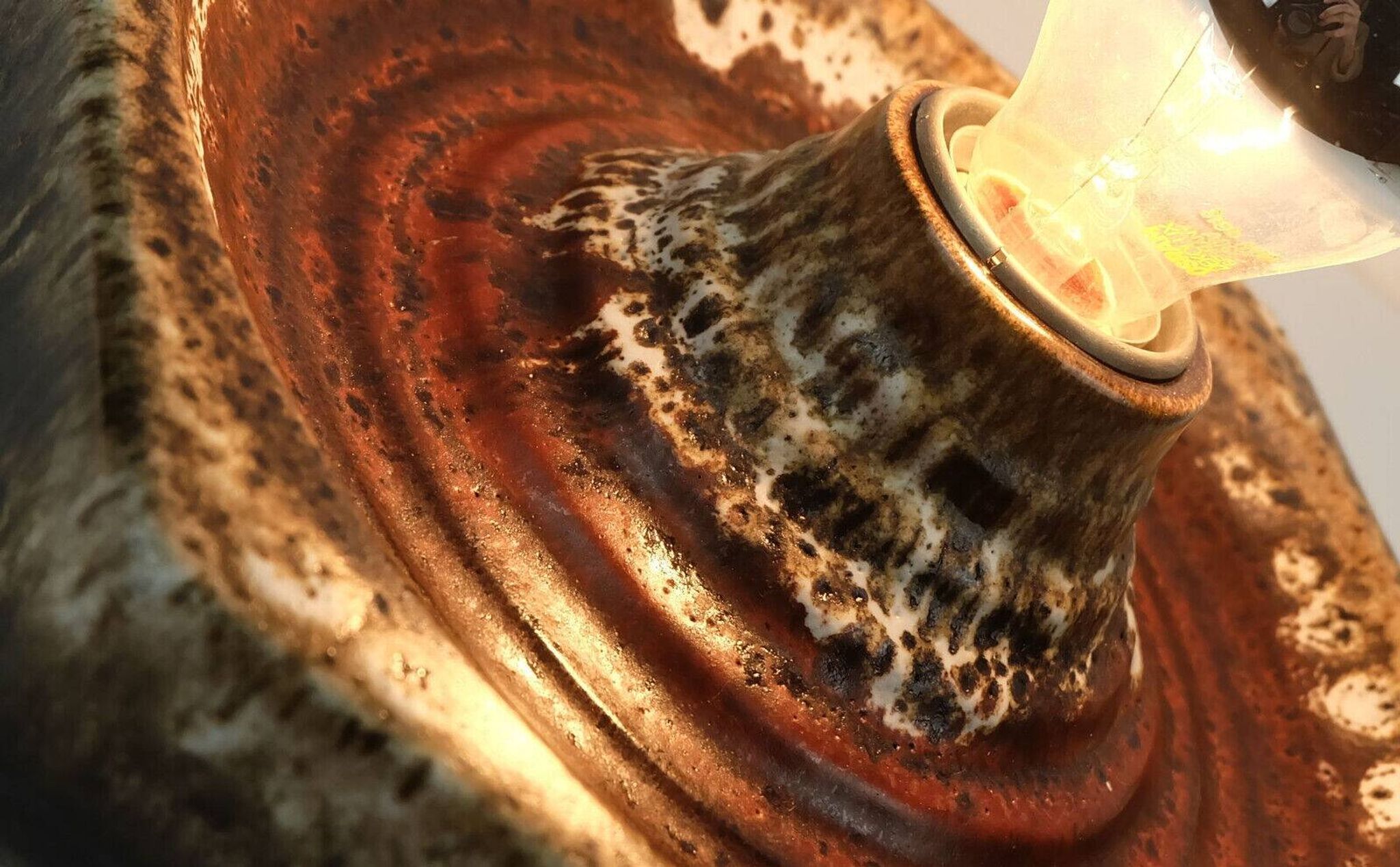1 of 2 hexagonal mid century ceramic sconces wall lamps 1960s 1970s lava drip glaze beige brown