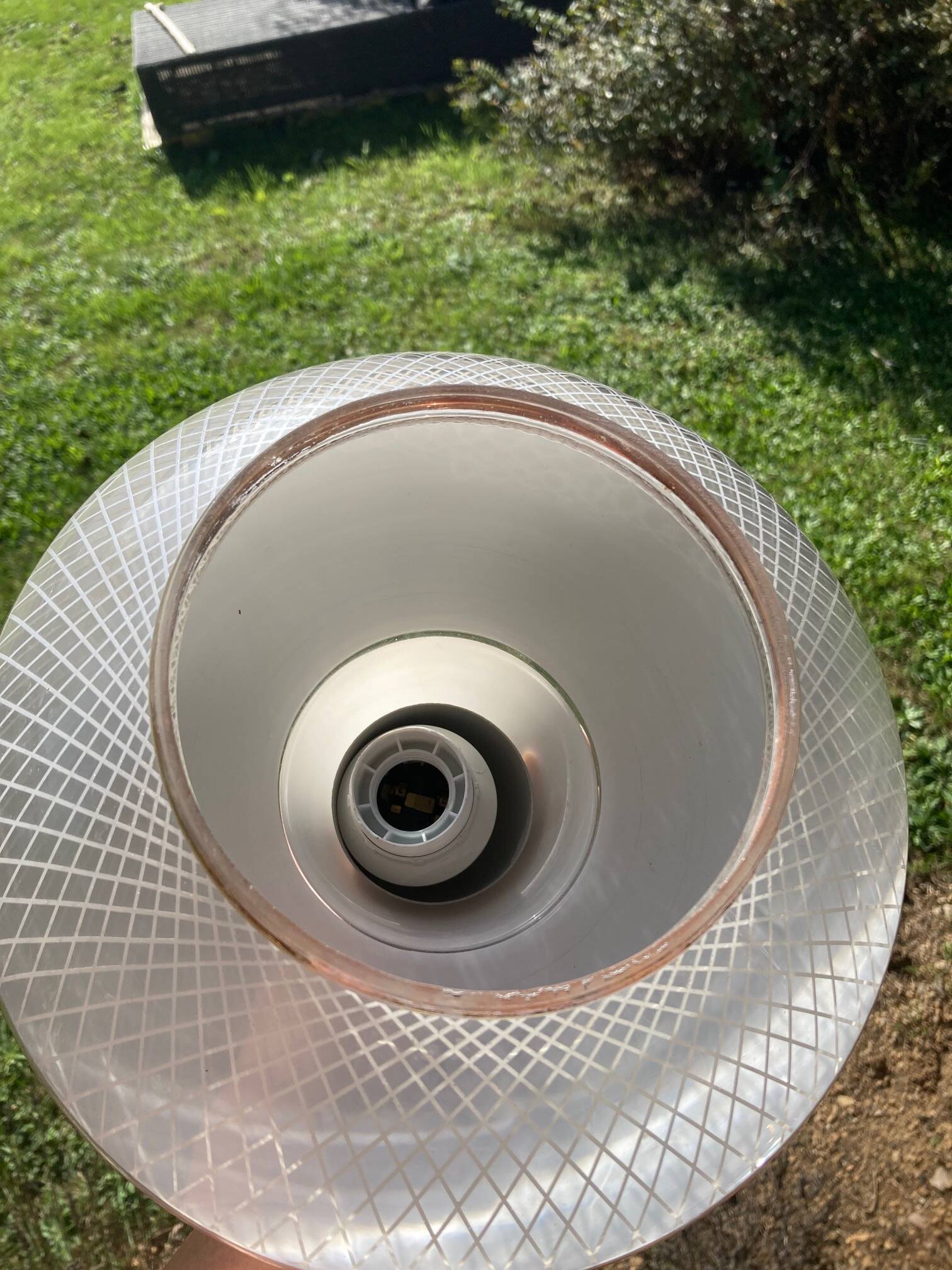 Space Age saucer pendant light, 1950s chandelier, in white and gold glass