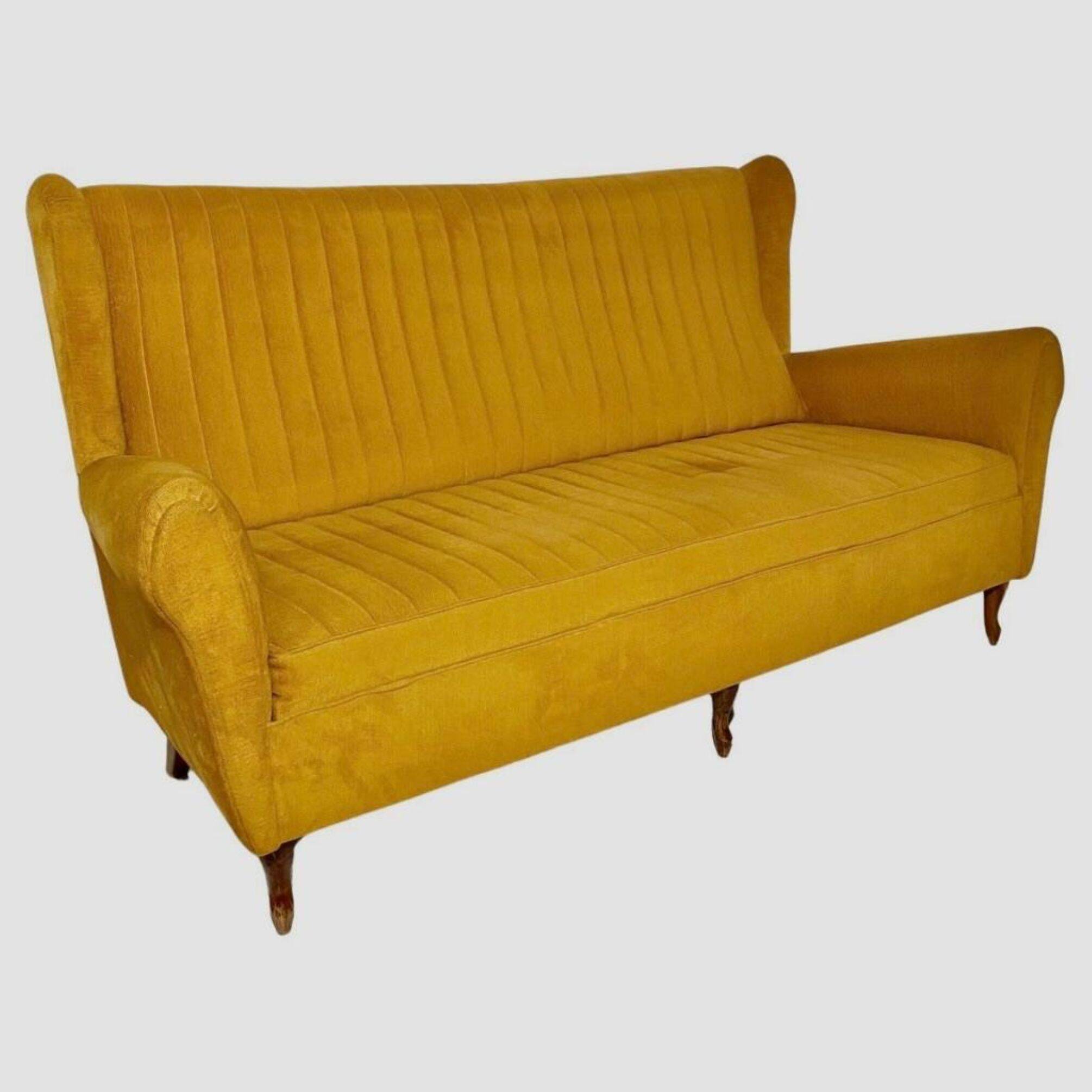 Mid-Century Three Seats Velvet Yellow Sofa, in the style of Gio Ponti