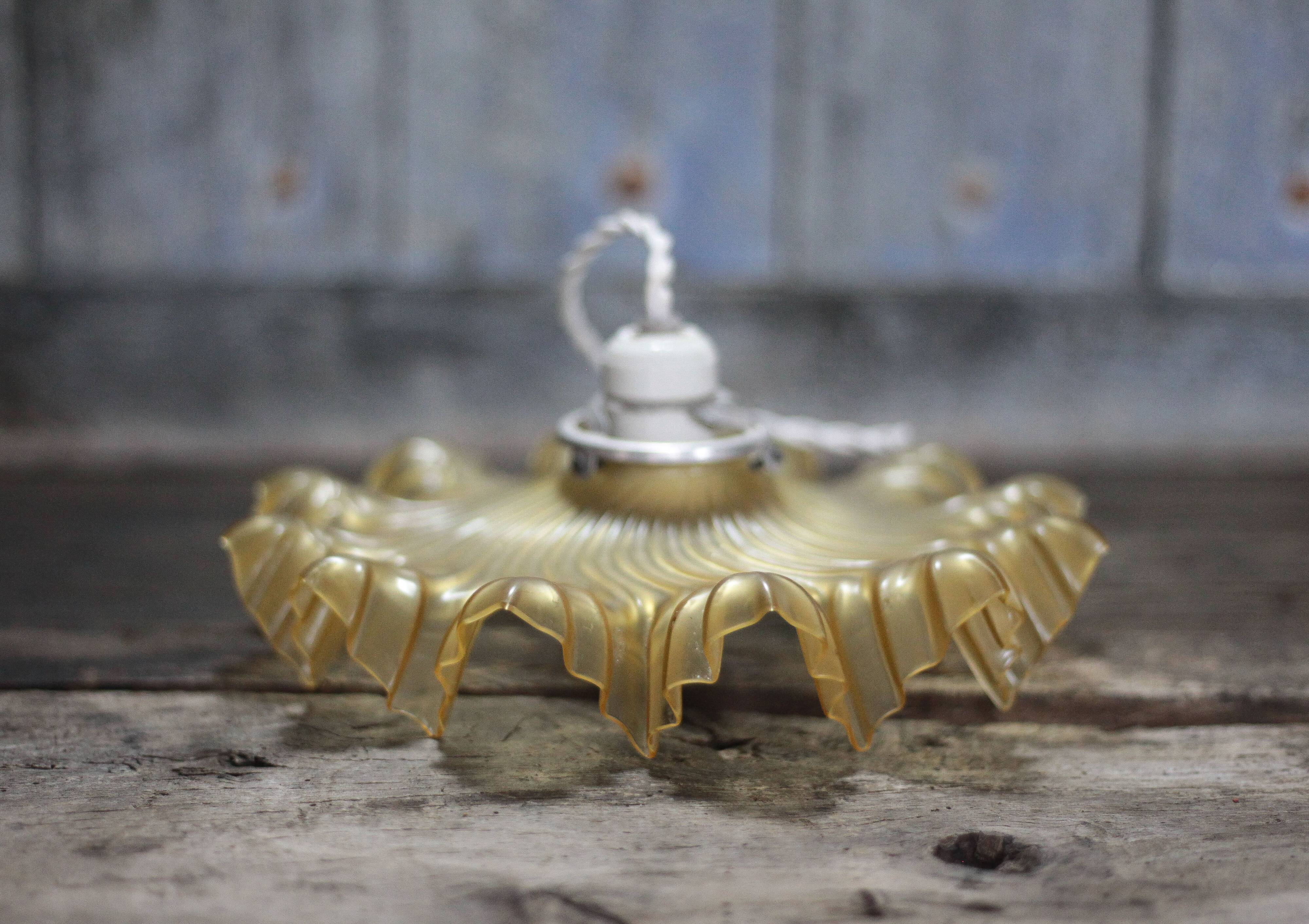 Vintage yellow glass suspension with corolla, glass chandelier, ceiling lamp.