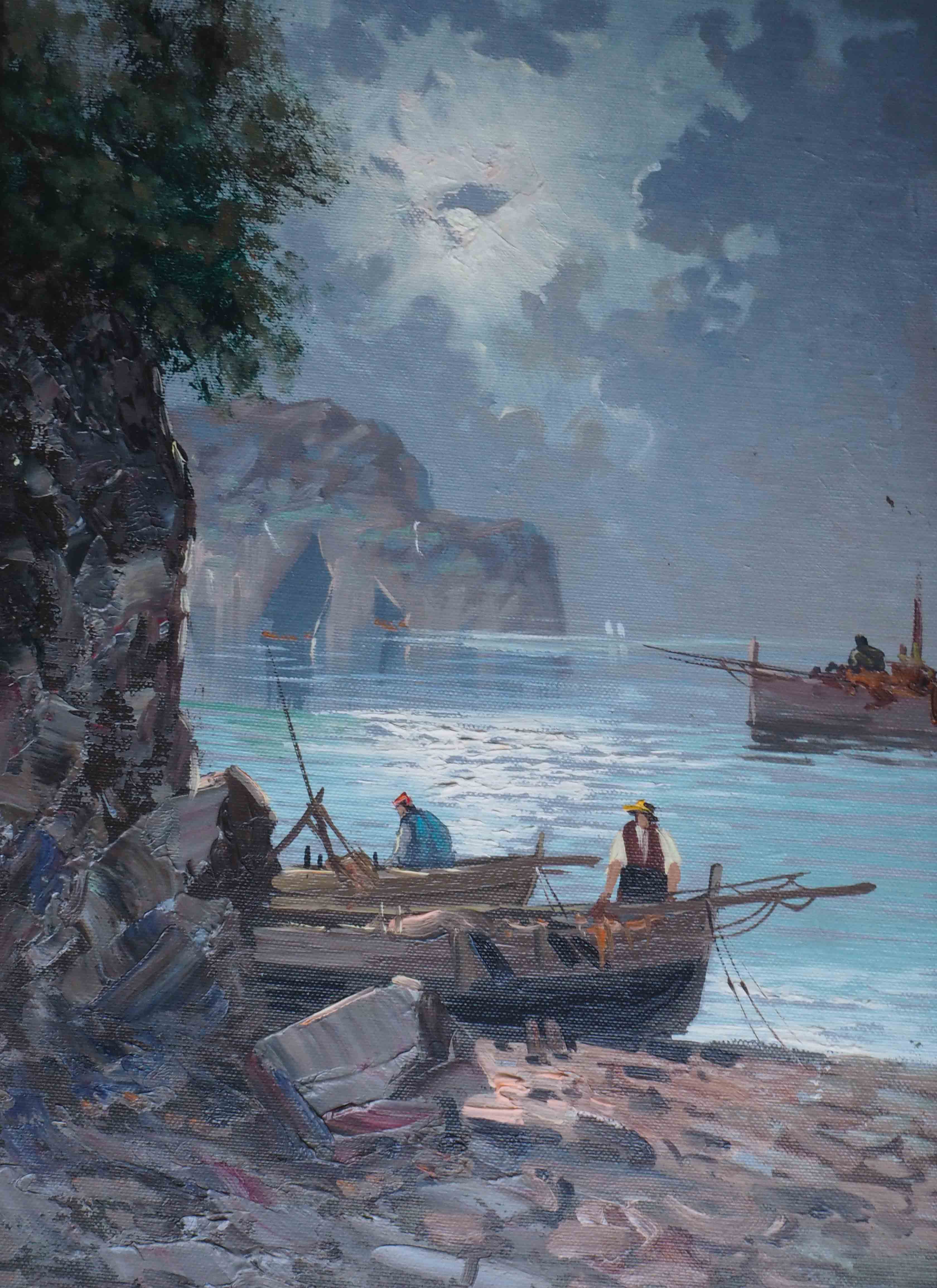 Painting marine fishermen in the moonlight signed + frame