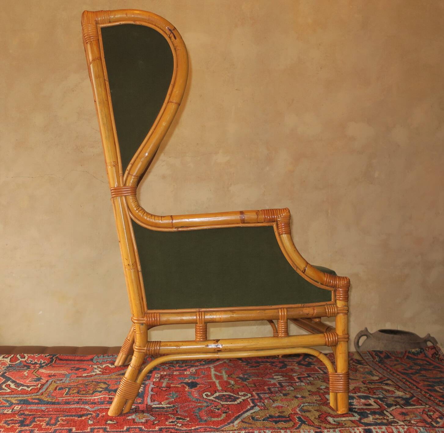 Mid century wing lounge chair in bamboo and olive green, 1960s