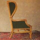 Mid century wing lounge chair in bamboo and olive green, 1960s