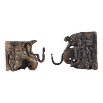 Pair of Antique Wood Carved Elephant Head Hangers, India