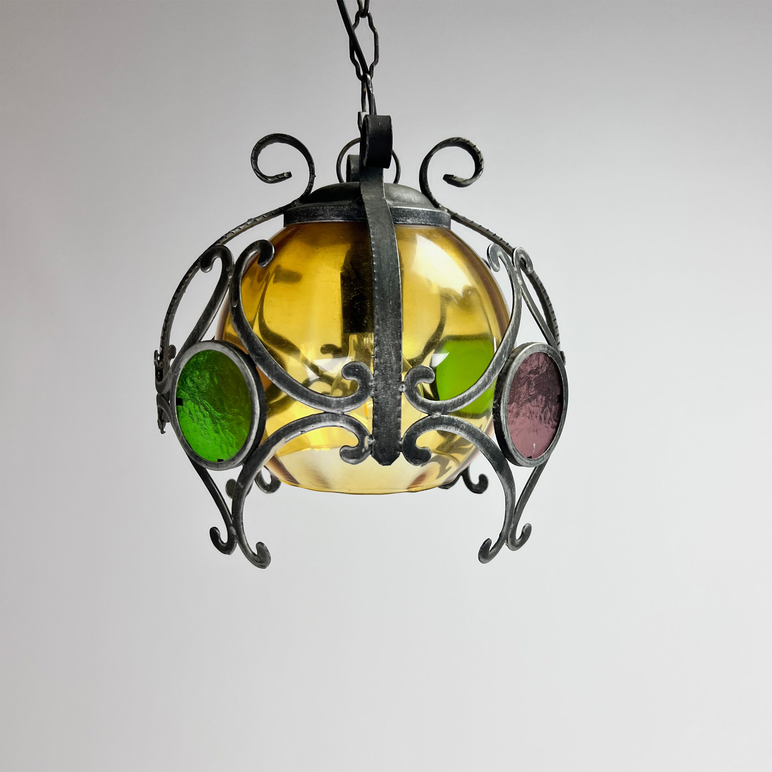 Brutalist cast iron and colored glass pendant, 1970s