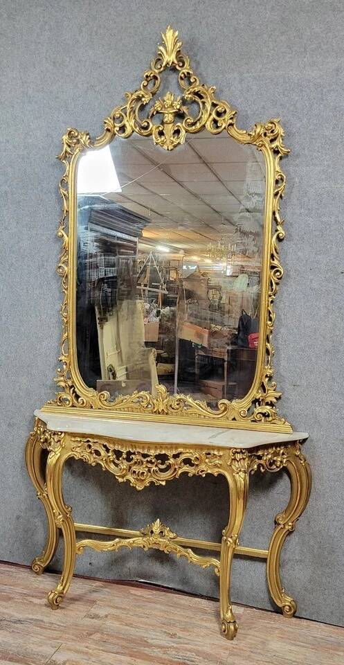 Large Venetian console + Louis XV baroque style mirror in gilded wood