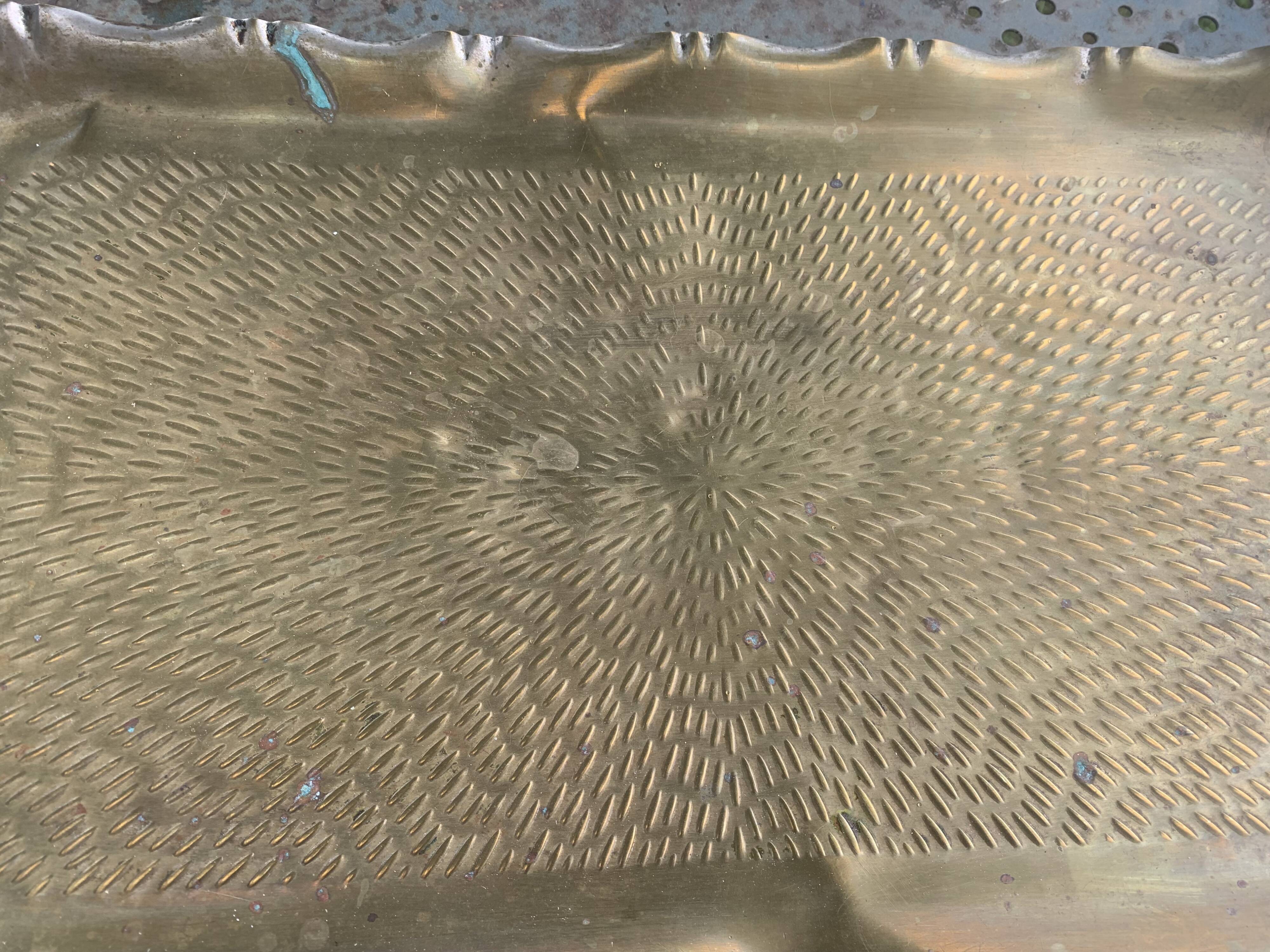 Large rectangular tray in vintage, artisanal and oriental hammered metal