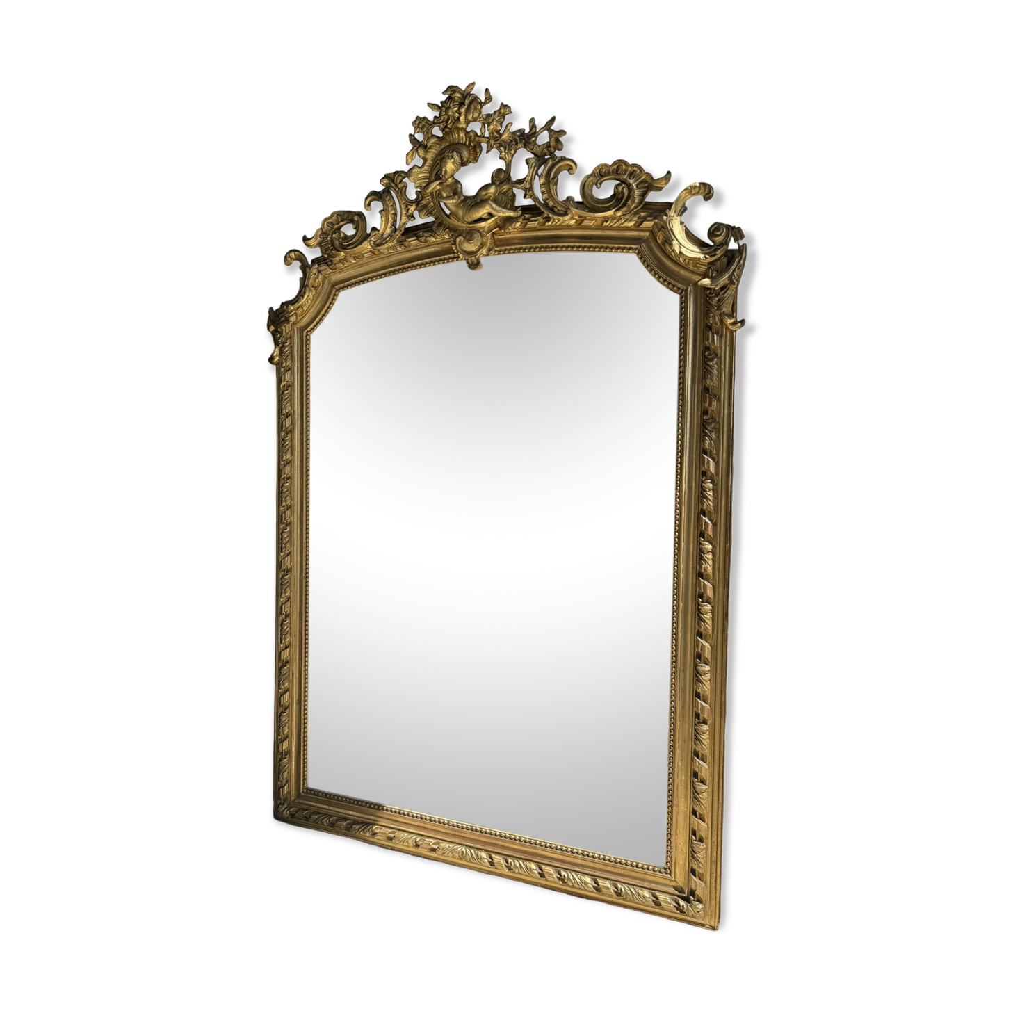 Large gilded mirror with acanthus leaf pediment H150 L98