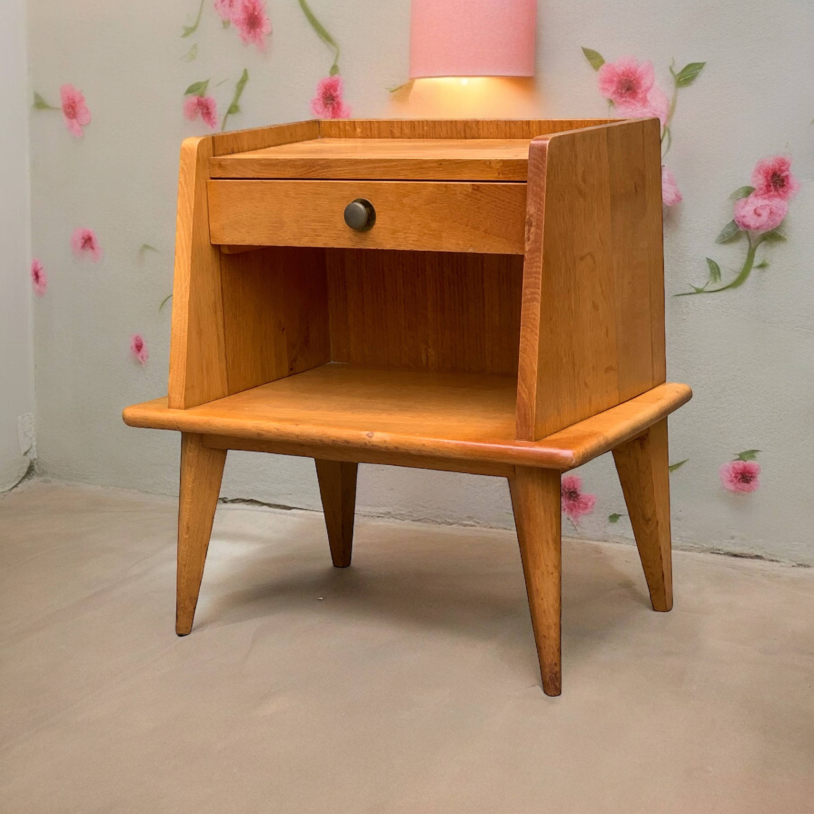 Solid oak compass feet bedside table 1950