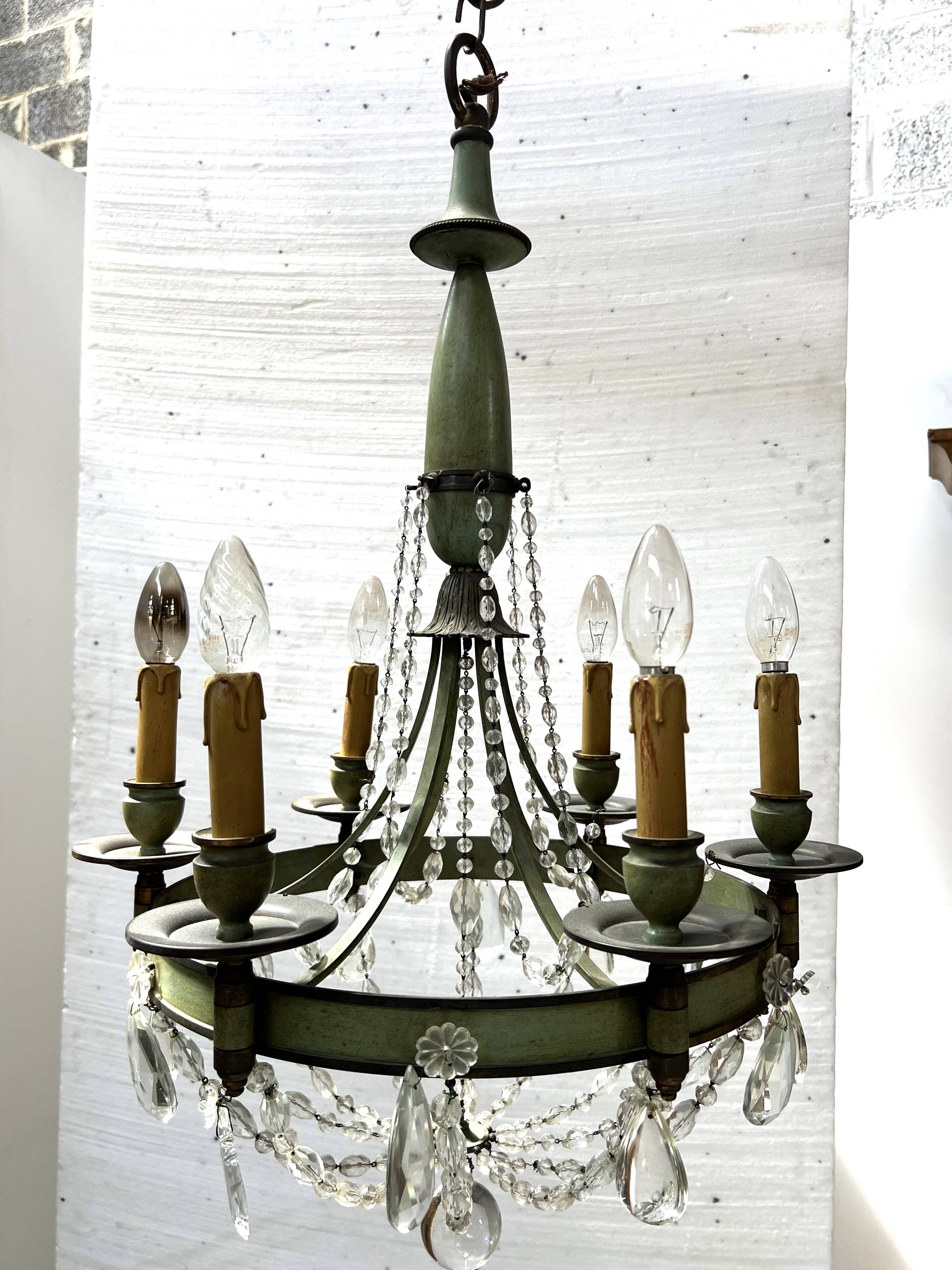 Empire style chandelier with tassels and patinated sheet metal, 20th century