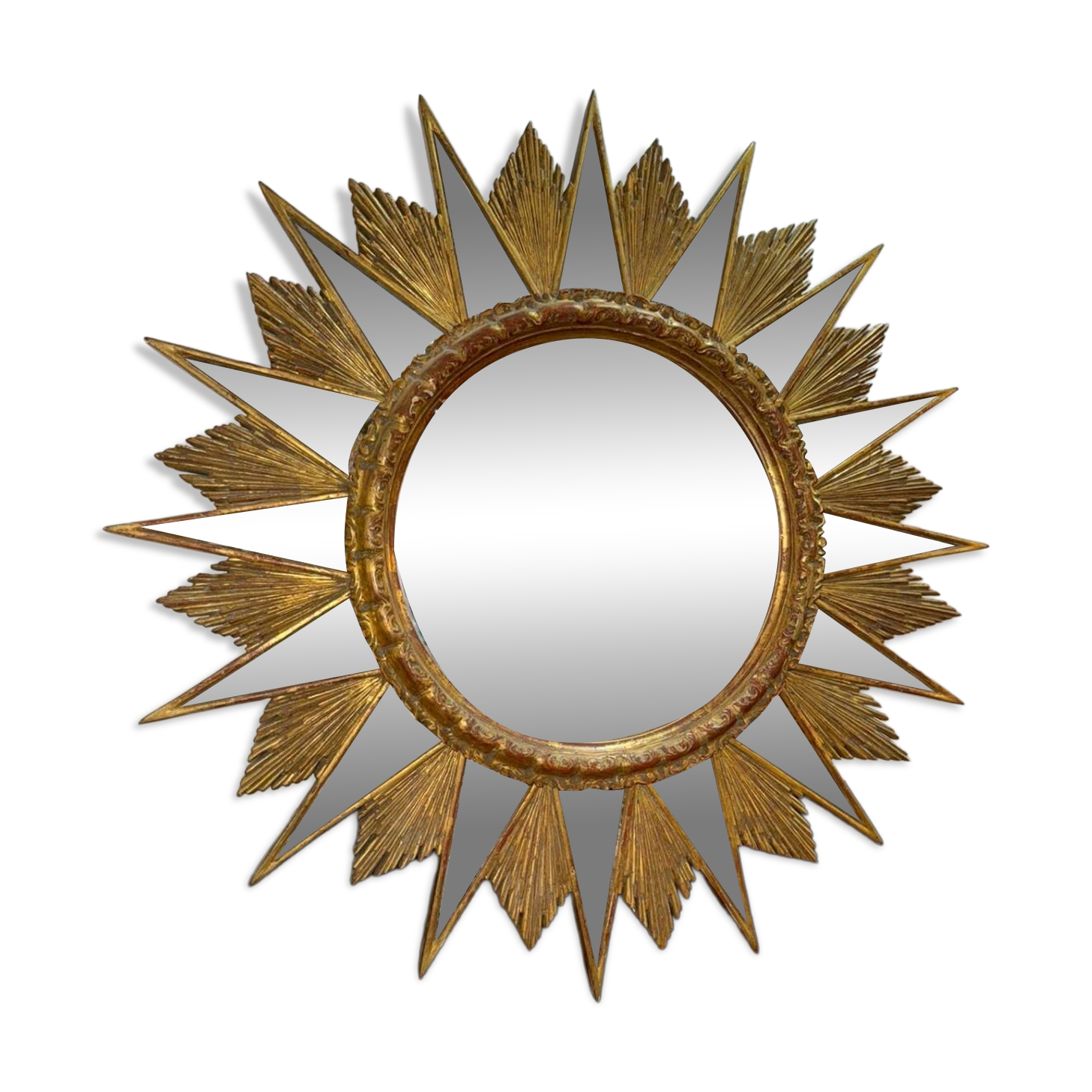 Miroir soleil doré a rayons en bois - années 50