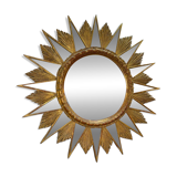 Miroir soleil doré a rayons en bois - années 50