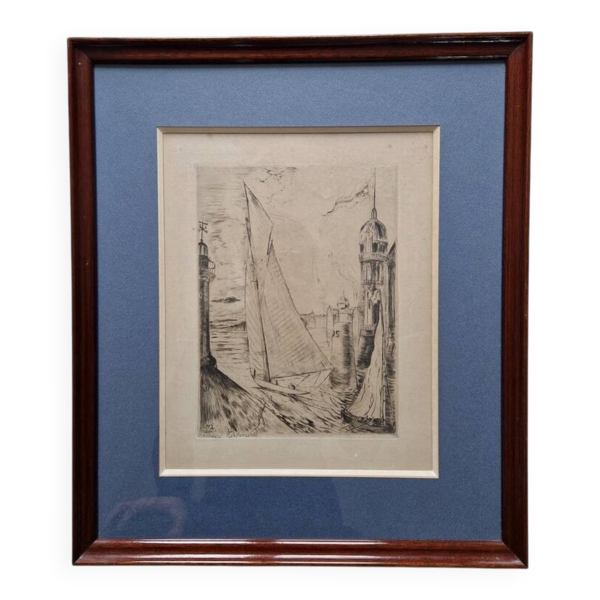 Gravure au burin - Le départ du voilier - Herbert Lespinasse (1884-1972)