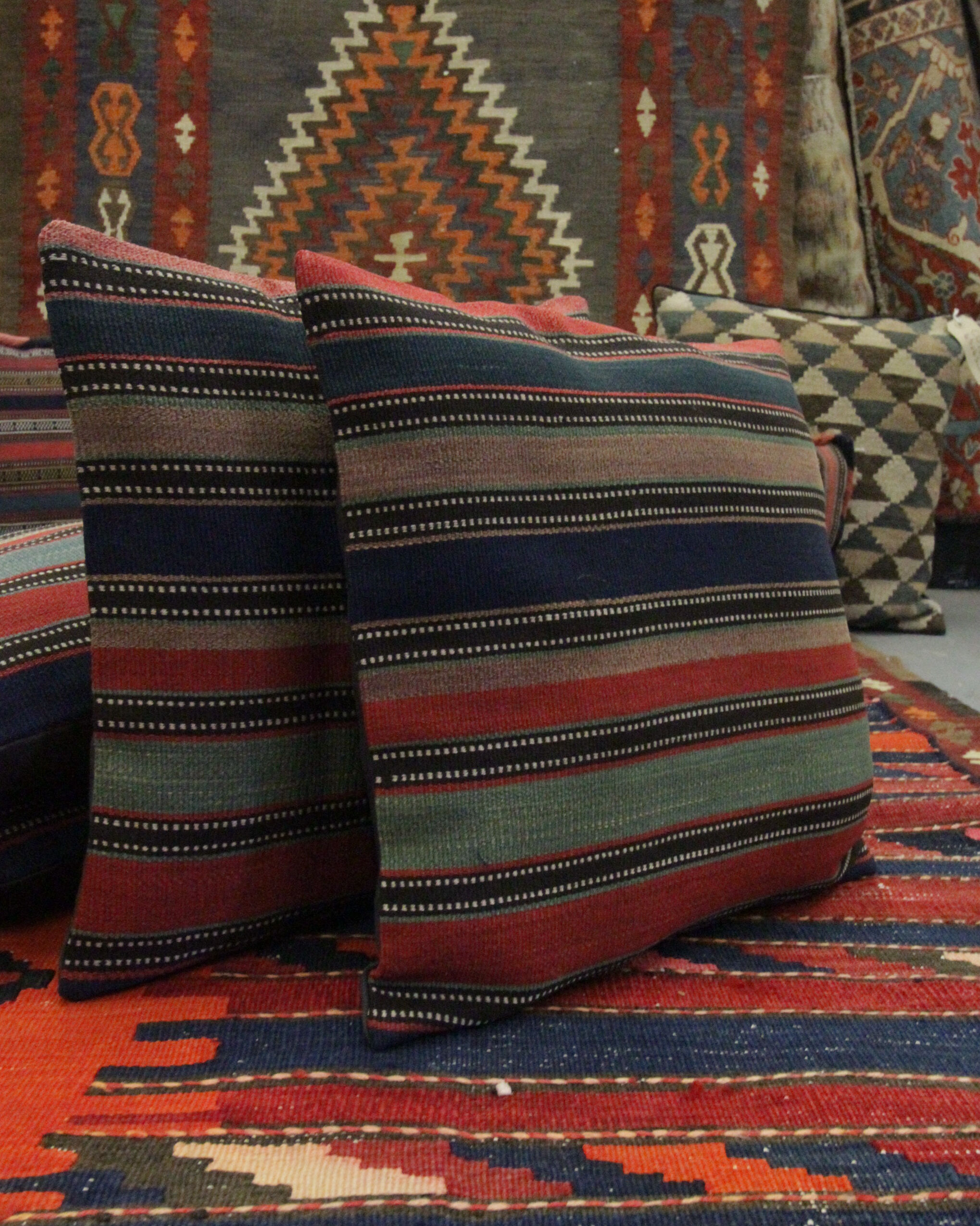Striped Wool Kilim Pillow Cover, Handwoven Traditional Scatter Cushion- 39x39cm
