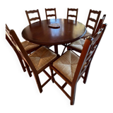 Set of 8 varnished oak chairs with straw seats