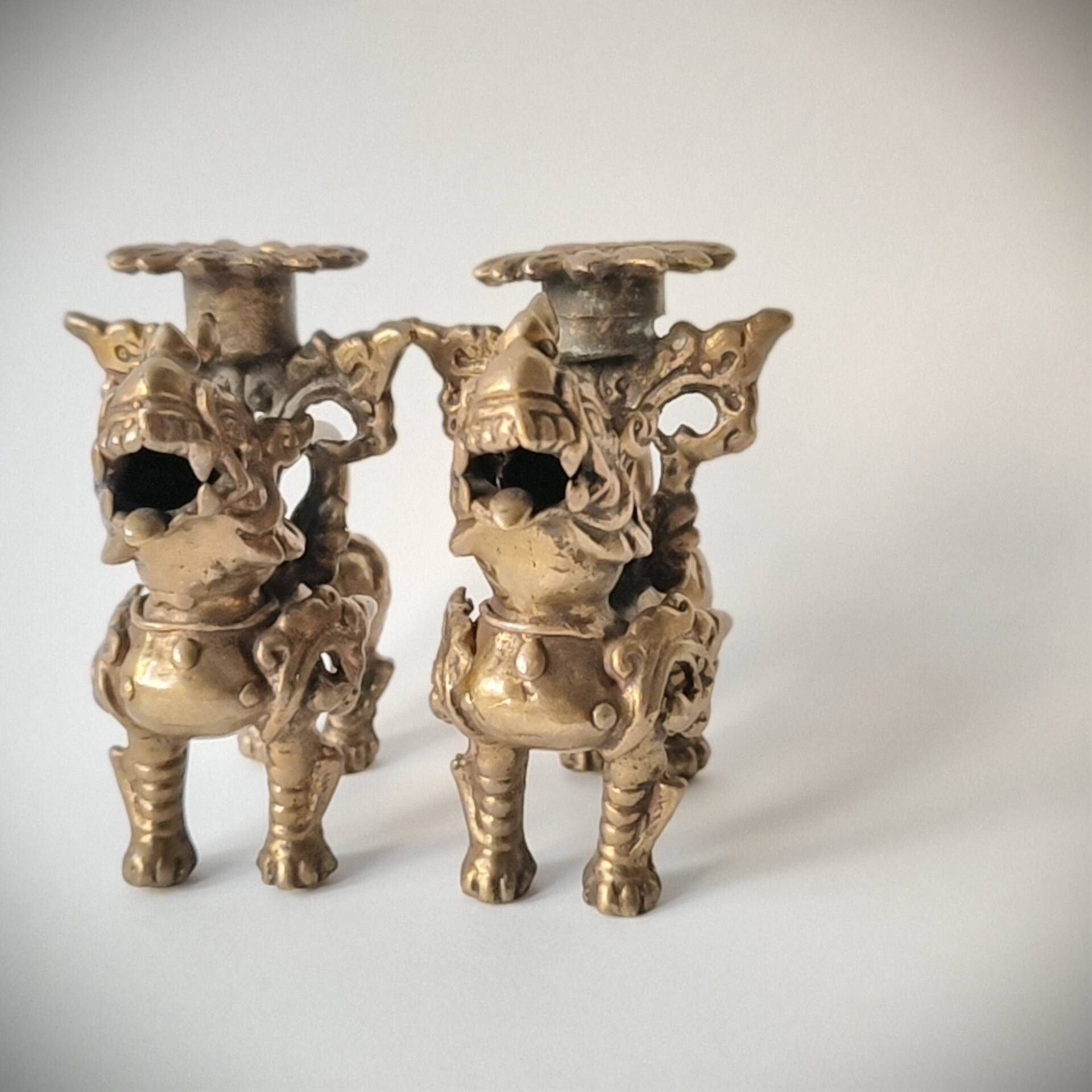 Pair of vintage brass candlesticks, Foo Dogs / Guardian Lions