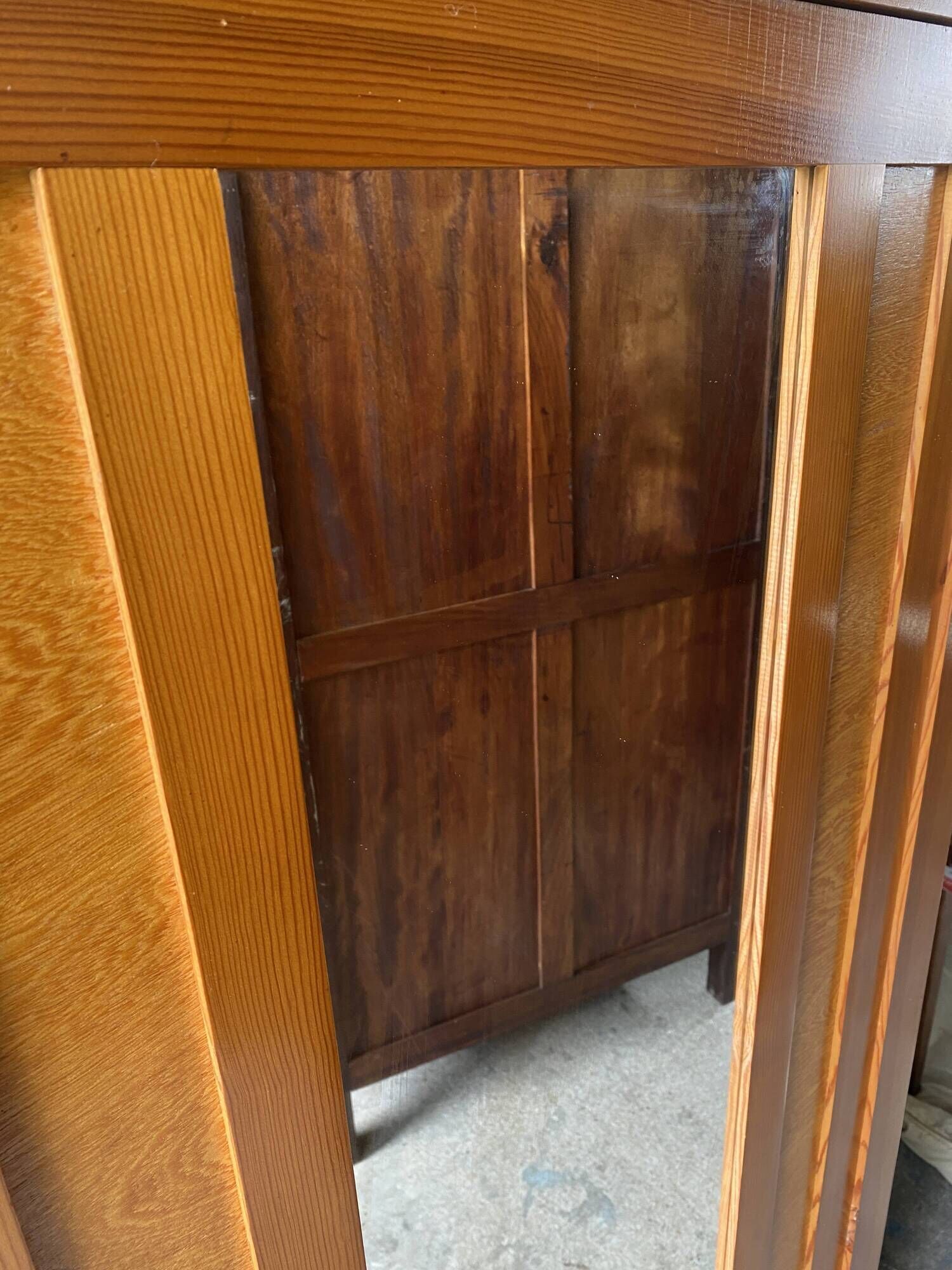 Vintage Parisian wardrobe with one mirrored door from the 60s in pine and wood