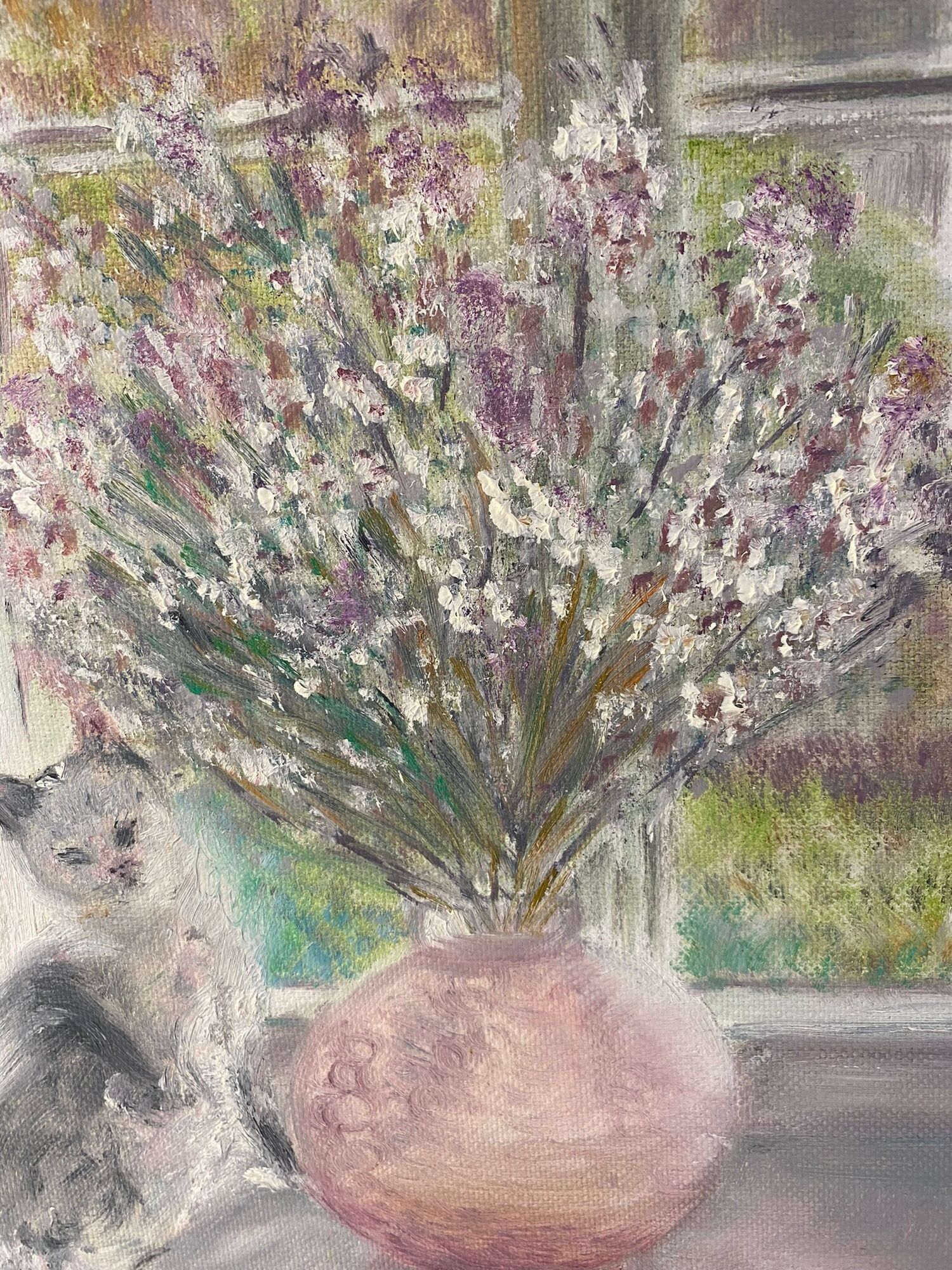 Old painting, still life with bouquet of flower and cat 80s