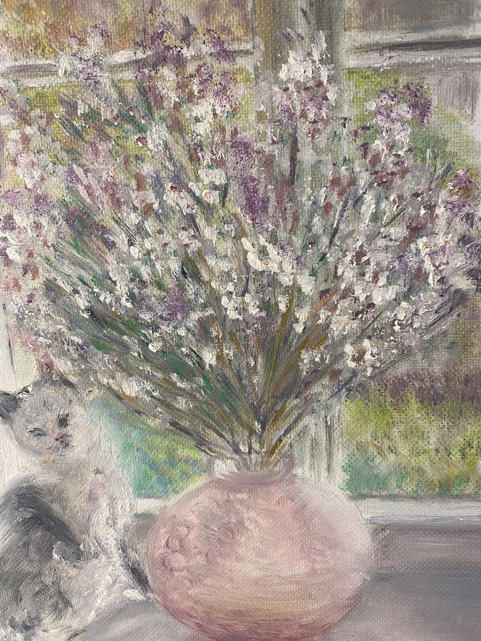 Old painting, still life with bouquet of flower and cat 80s