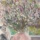 Old painting, still life with bouquet of flower and cat 80s