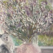 Old painting, still life with bouquet of flower and cat 80s