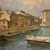 Italian signed landscape painting view of river with boats