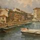 Italian signed landscape painting view of river with boats