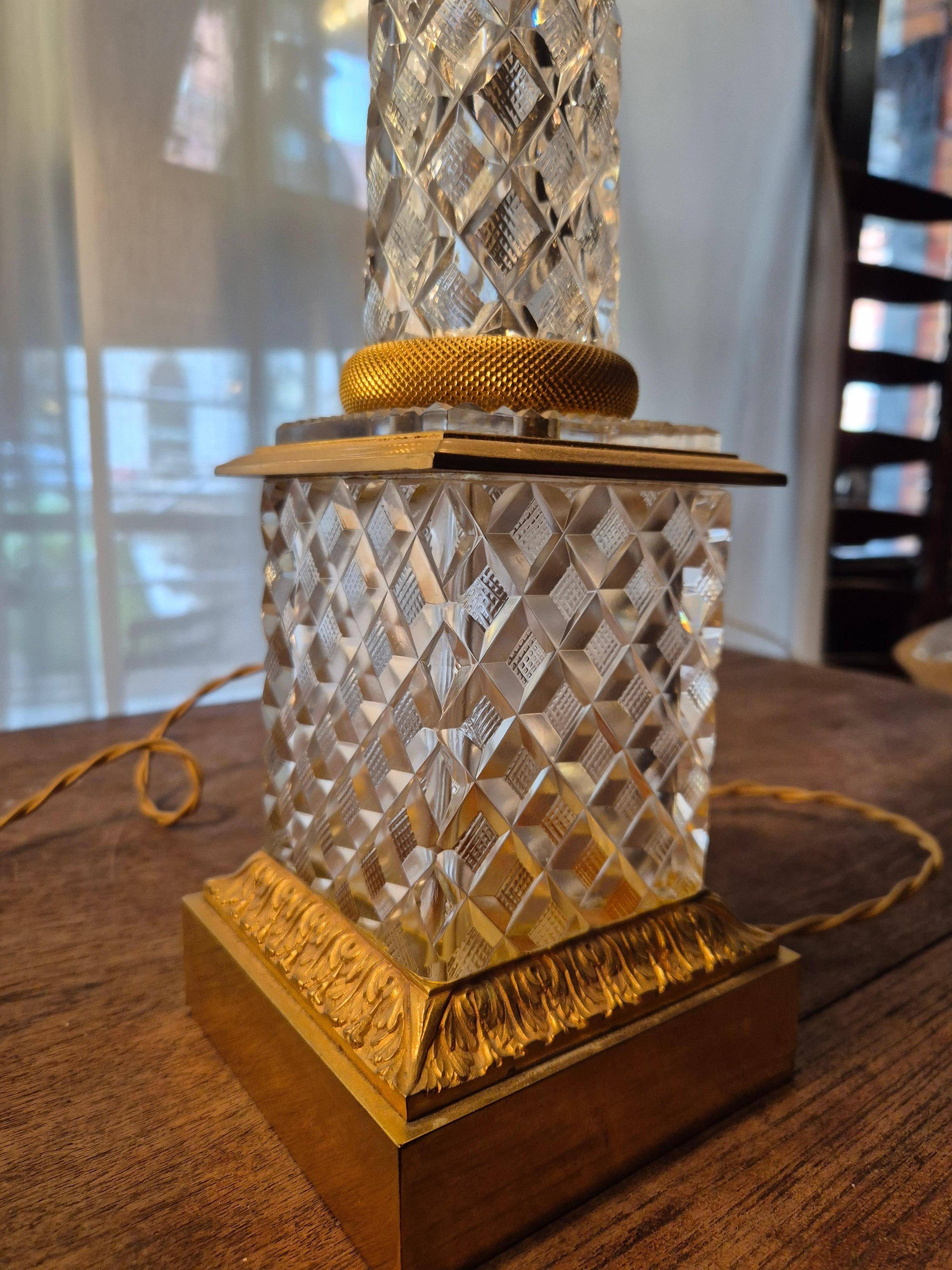 Pair of coloured table lamps, made of cut crystal and gilded bronze, in the Baccarat style.