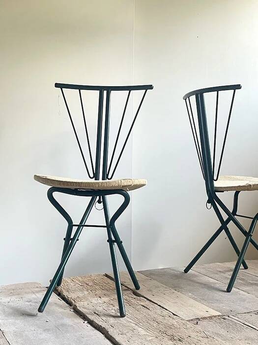 LaPalma folding chairs set of 2, dark green metal & woven cord, Italy, 1970s