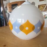 Suspension ball in opaline white geometric patterns orange and blue years 60/70
