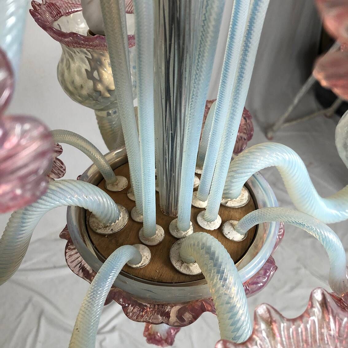 Milky white and pink Murano glass chandelier with four arms of light