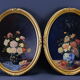 Pair of still life paintings bouquets oval golden frame