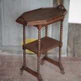Vintage turned wood dessert trolley, wheeled table with removable top.