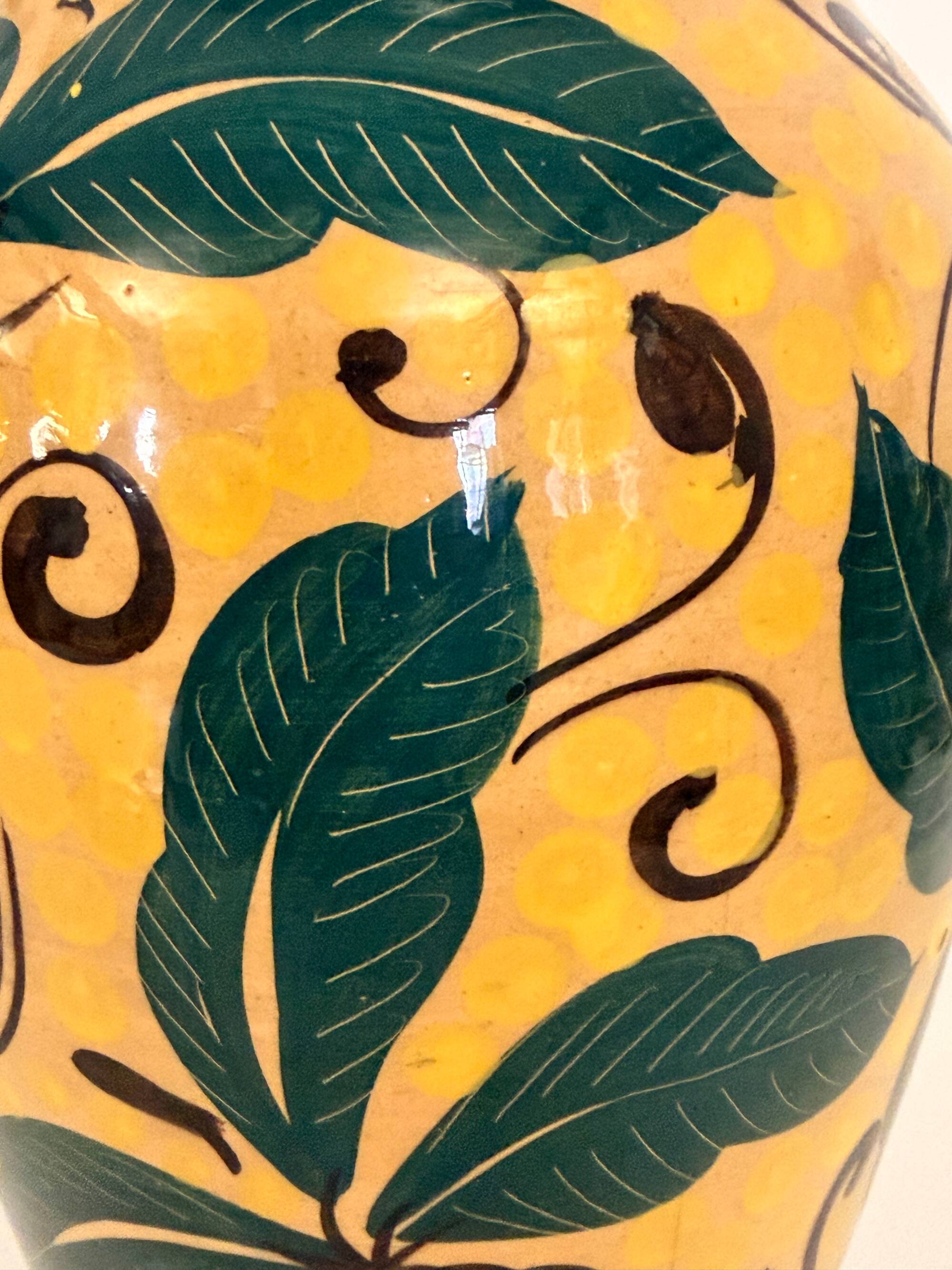 Art Deco Yellow Glazed Earthenware Vase with Futurist Floral Motifs, Italy