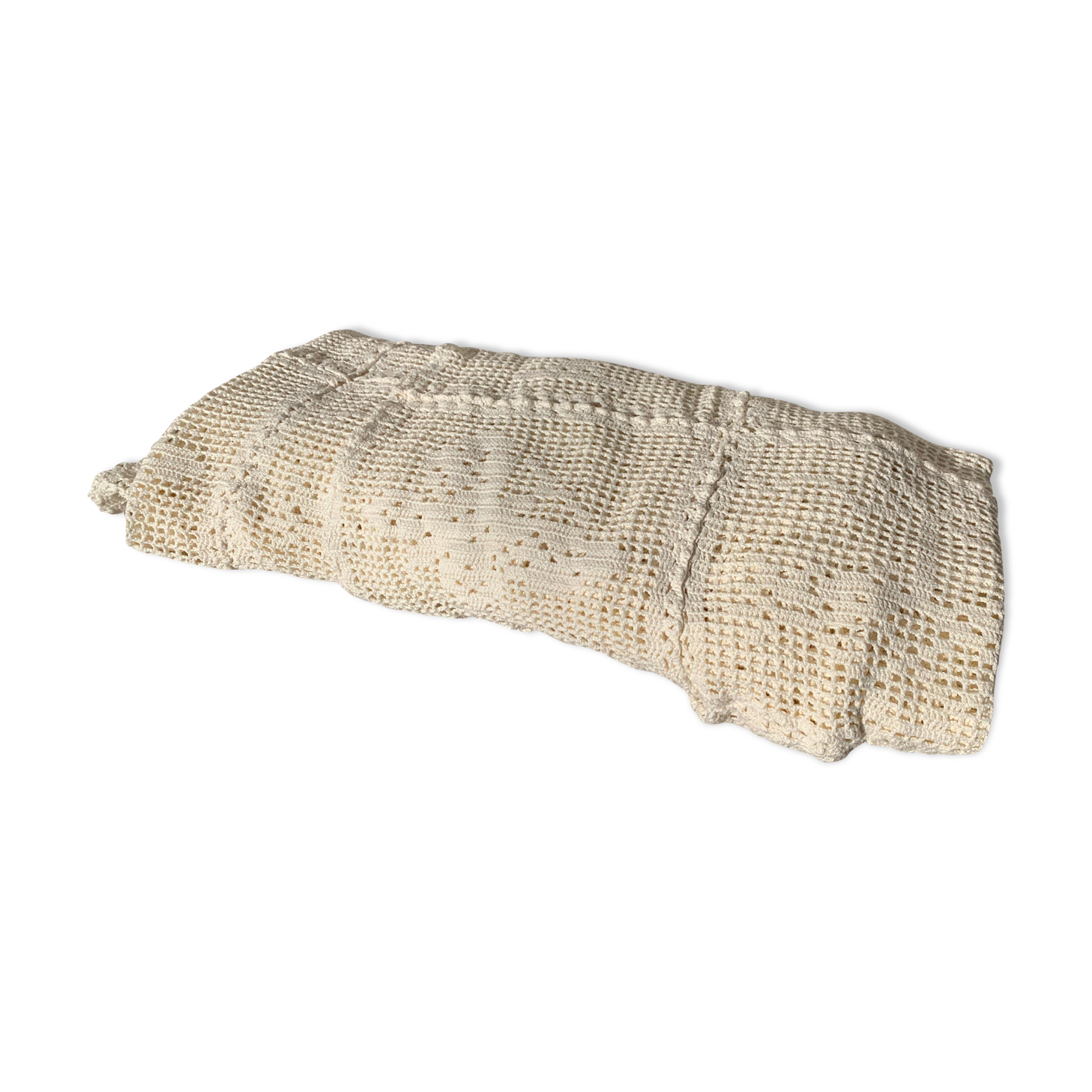 Plaid, dessus de lit couverture au crochet, blanc casse fait main, en coton vintage