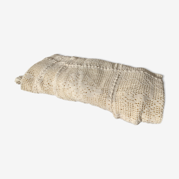 Plaid, dessus de lit couverture au crochet, blanc casse fait main, en coton vintage