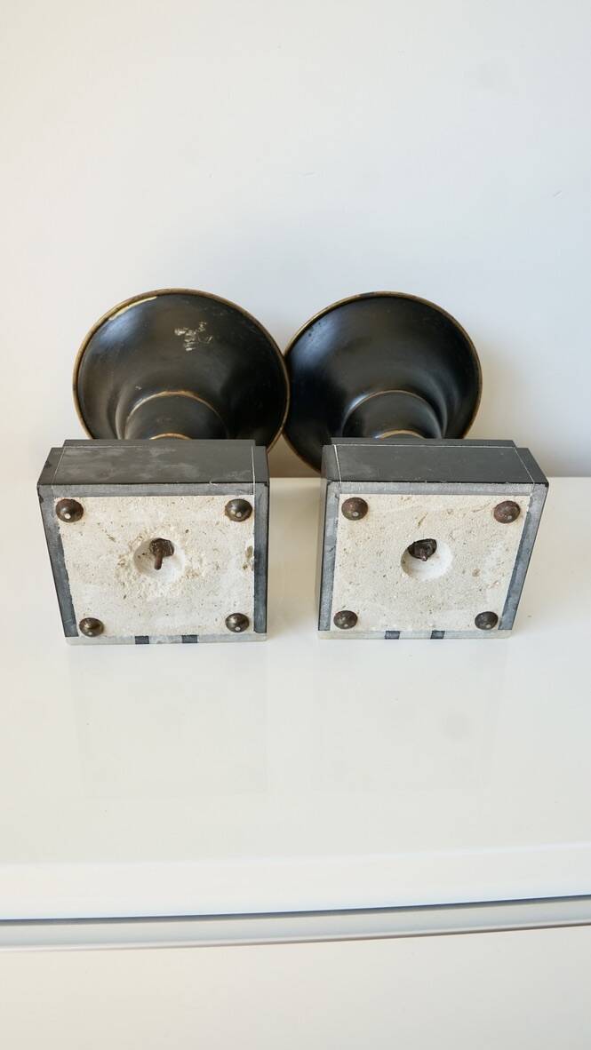 Pair of Art Deco enamelled brass casseroles, black and white marble base