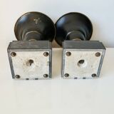 Pair of Art Deco enamelled brass casseroles, black and white marble base