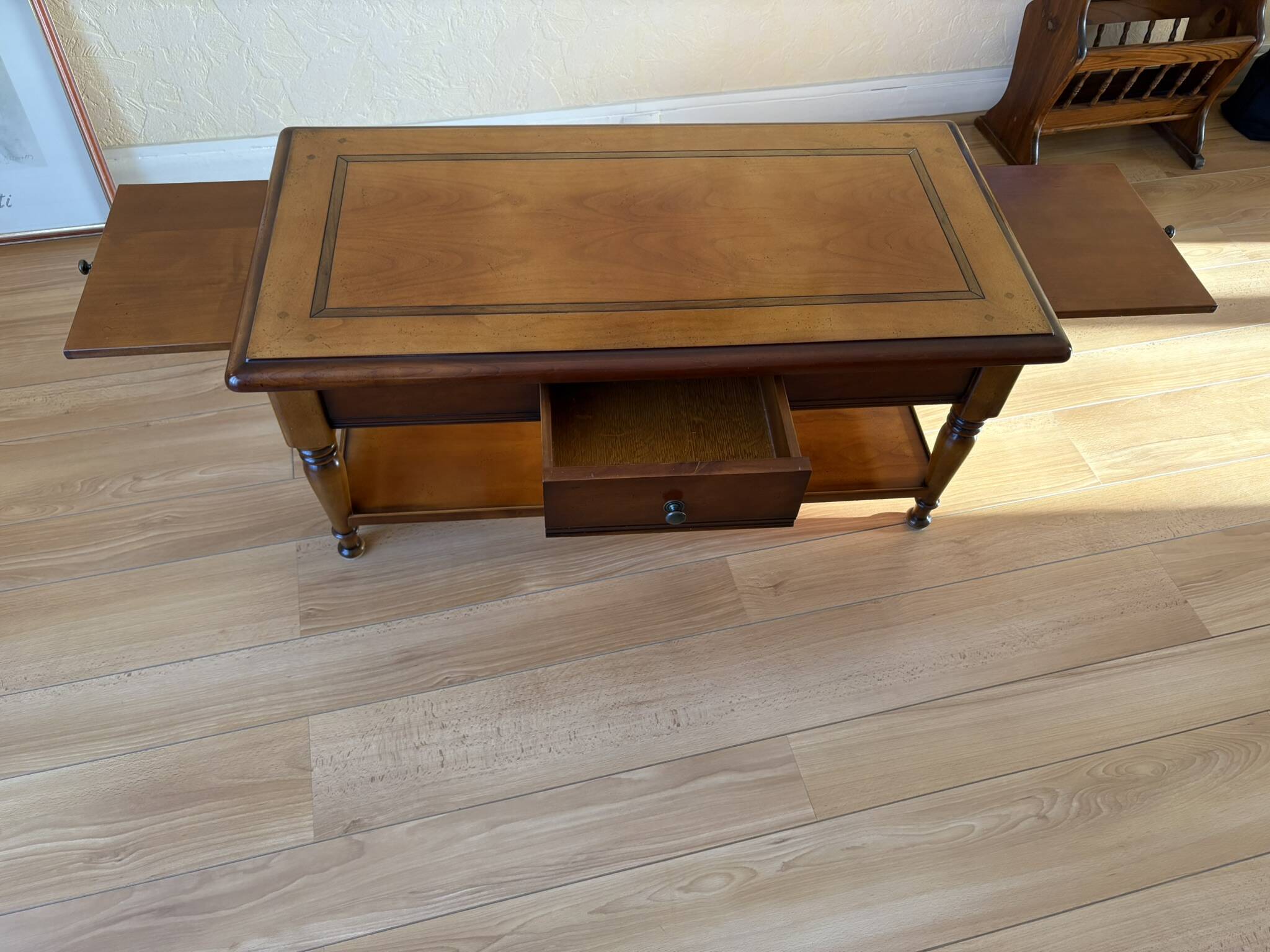 Vintage wooden coffee table with drawer and shelves