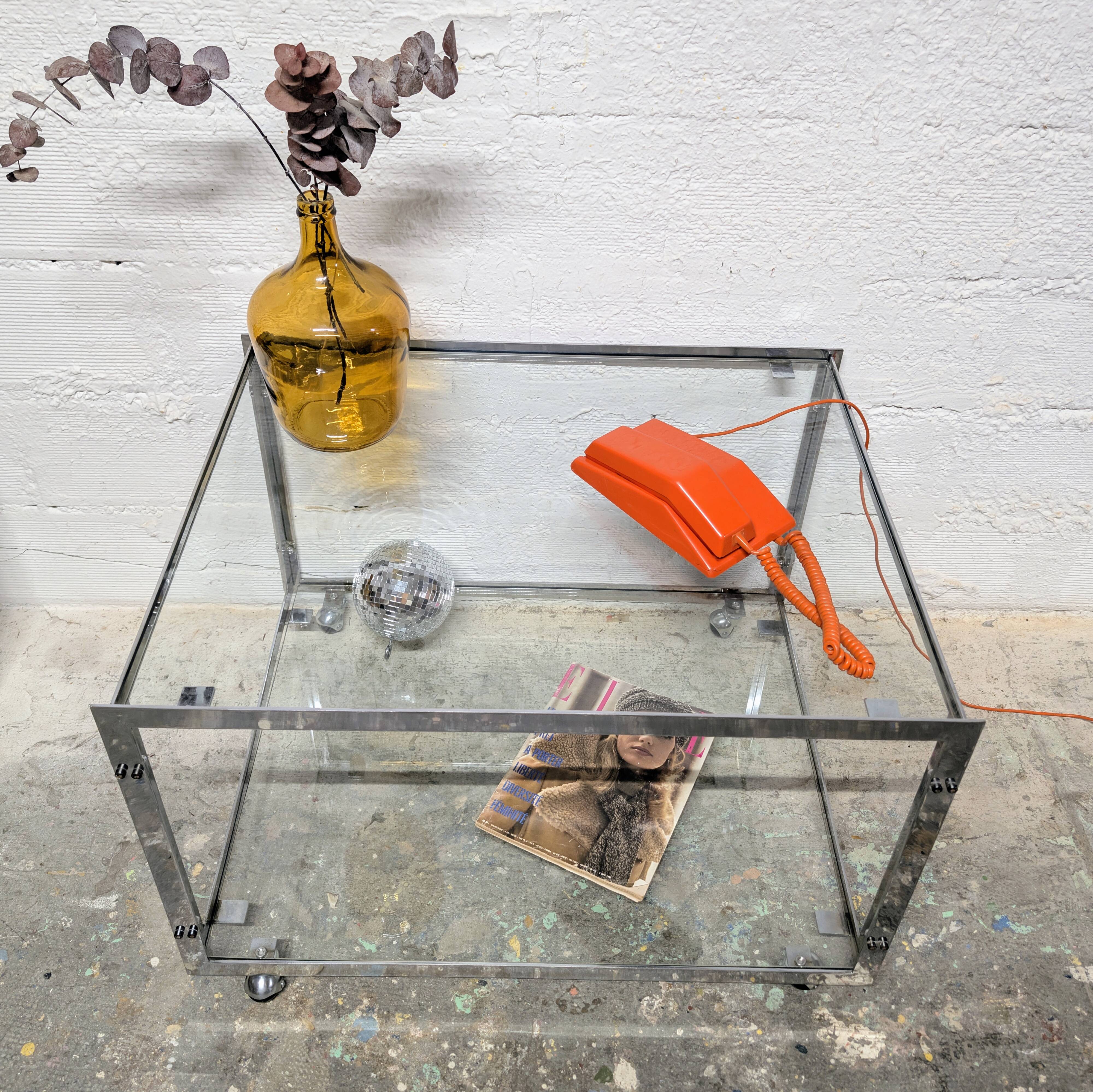 Table basse vintage chrome & verre Années 70