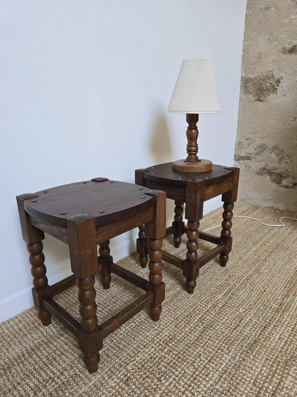 Pair of brutalist stools in turned wood, Charles Dudouyt style, 1950s