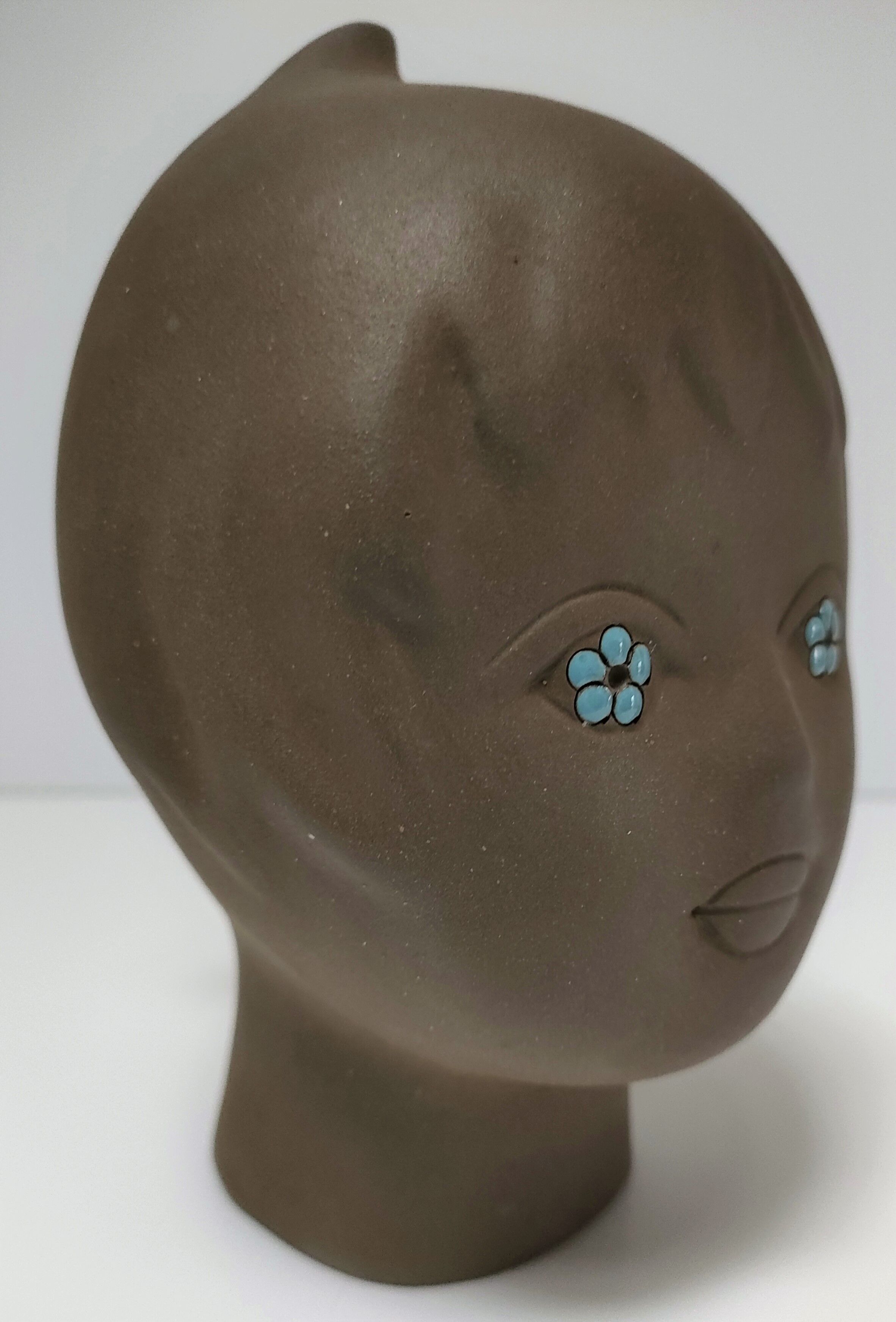 Sculptural ceramic head with blue enamelling Tekt design 60s