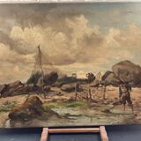 Oil on canvas animated seascape, brittany - signed de belcour? 19th century