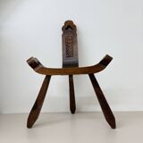 Brutalist hand carved oak Spanish tripod chair , 1970s