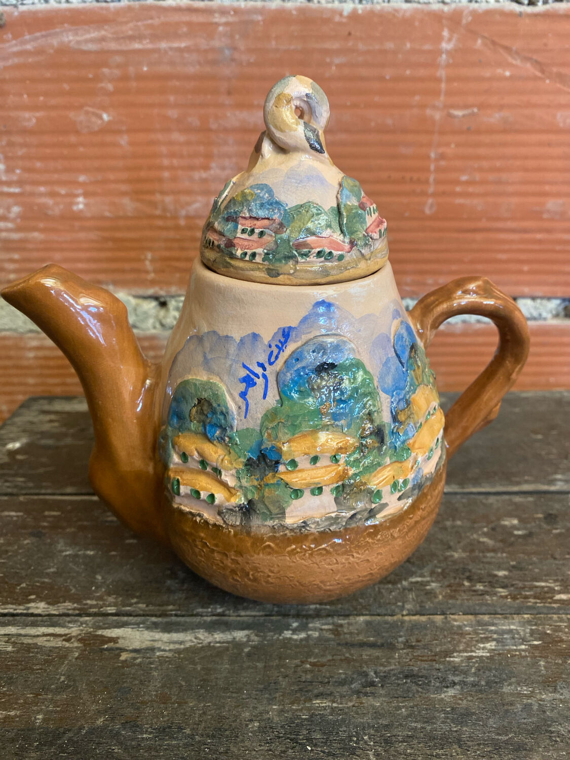 Teapot + 3 Antique Glazed Terracotta Cups Landscape Decor Vintage