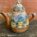 Teapot + 3 Antique Glazed Terracotta Cups Landscape Decor Vintage