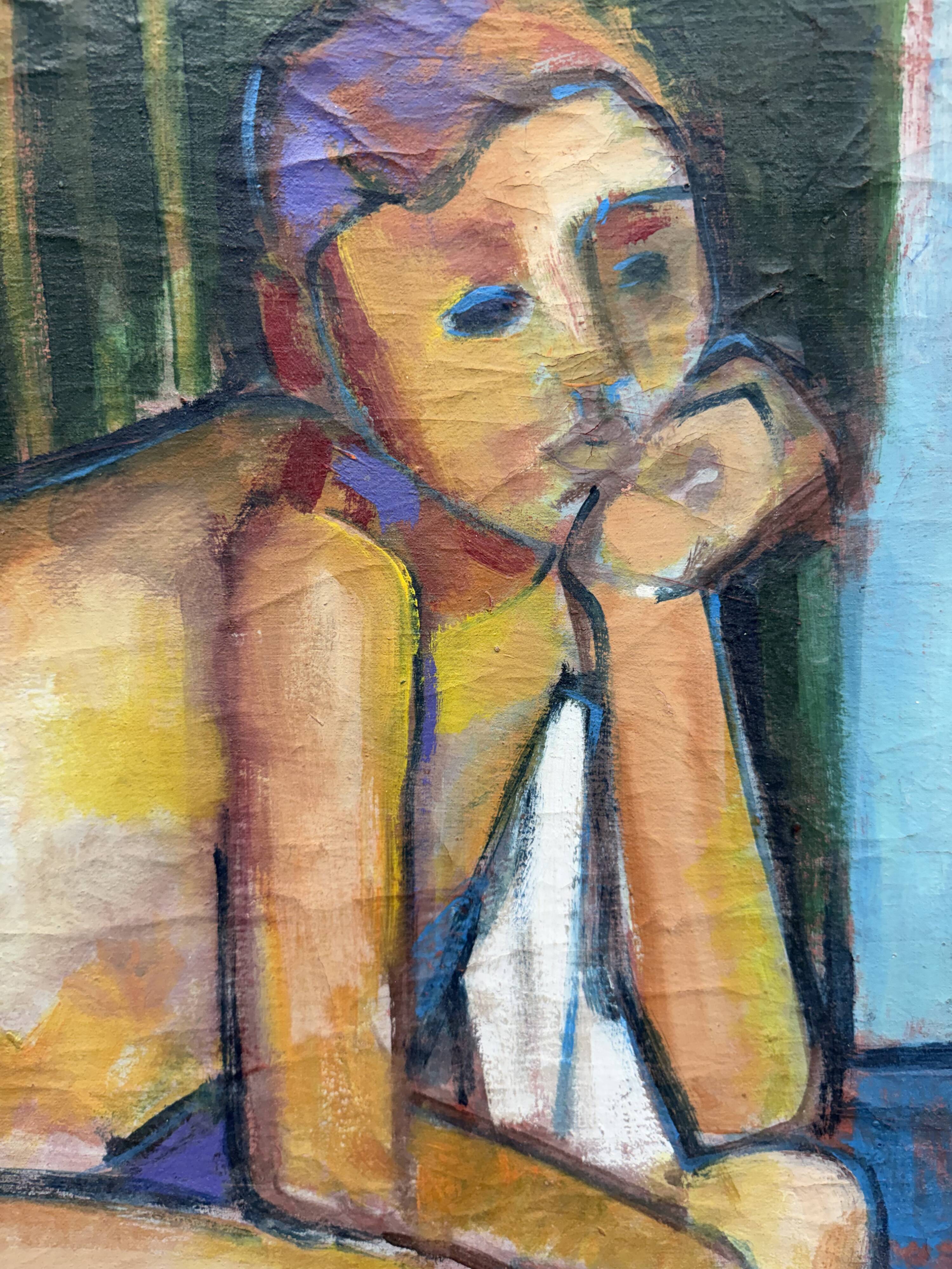 Large vintage figurative painting – Young man sitting – oil on canvas – art