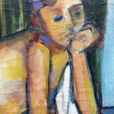 Large vintage figurative painting – Young man sitting – oil on canvas – art