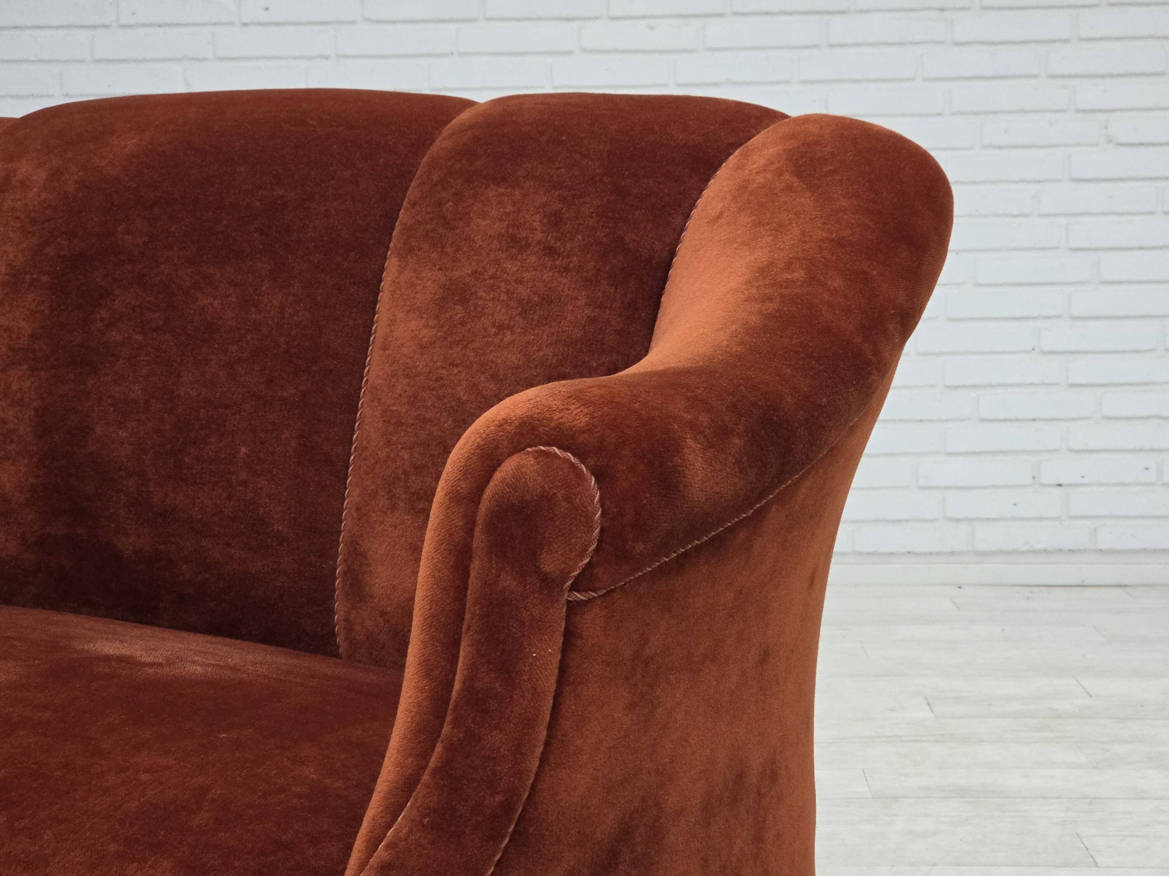 1950s, Danish 2-seater sofa, furniture velour, oak wood legs.