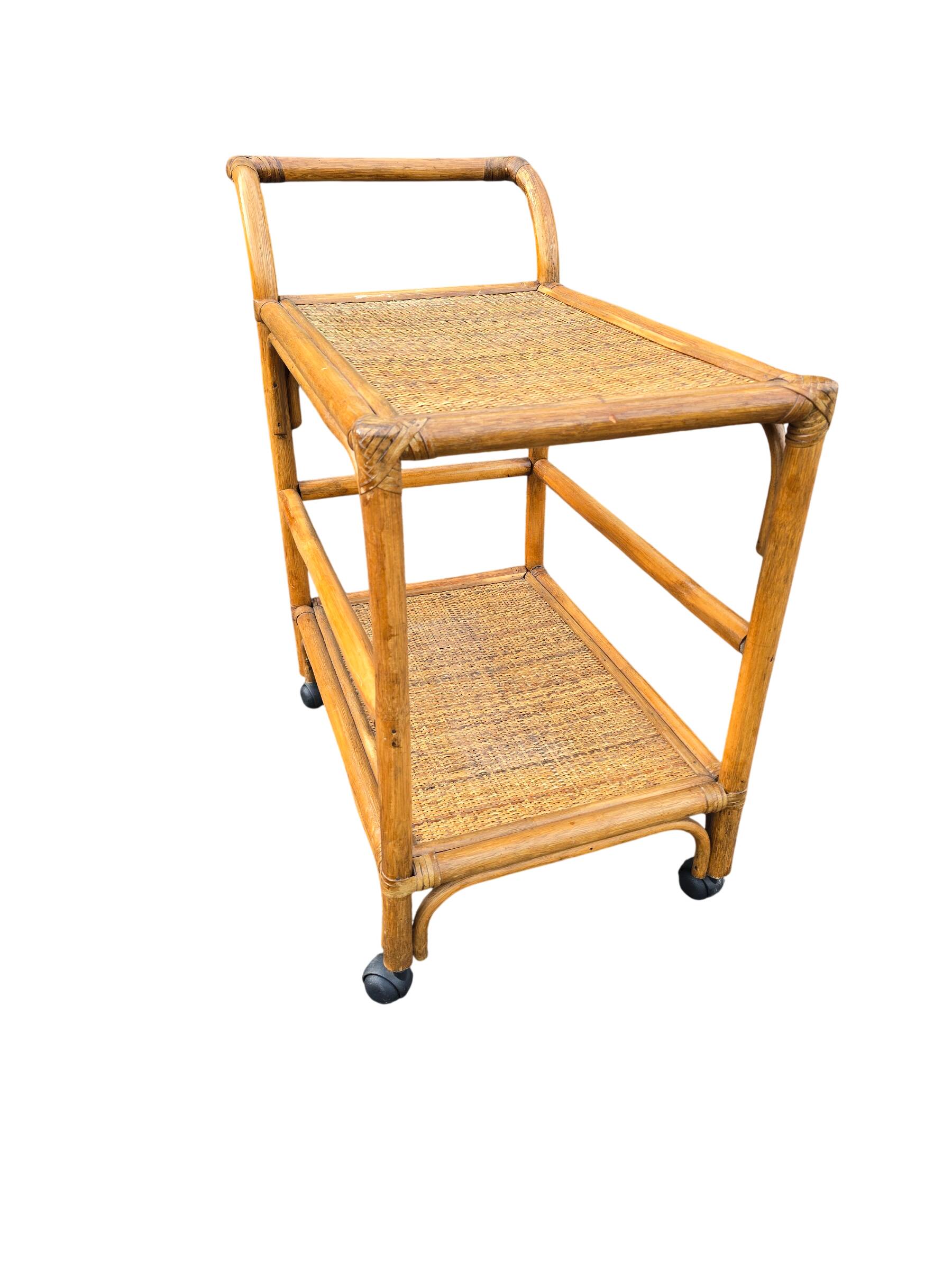 Vintage rolling dessert trolley in rattan and cane from the 60s/70s.